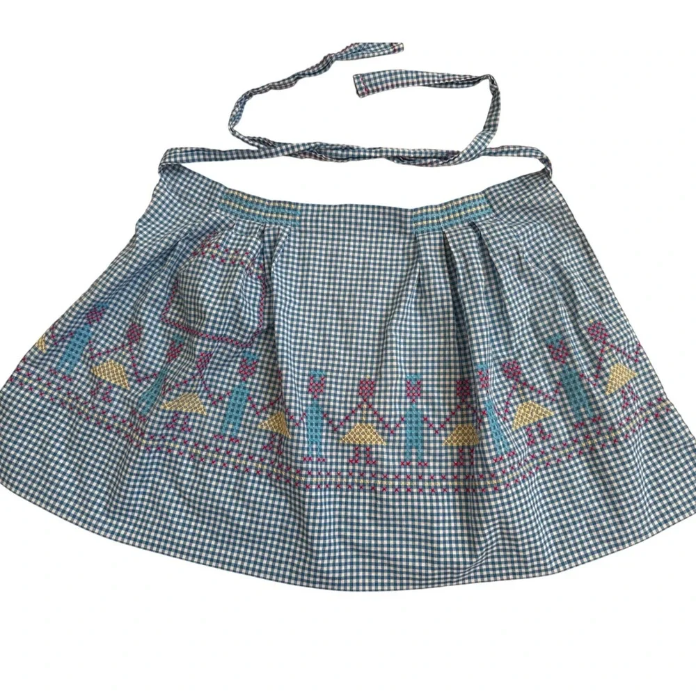 Vintage Blue Gingham Hand Embroidered Half Apron Cross Stitch People Folk Art